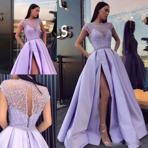 Dubai Arabische Lavendel Satijnen Galajurken Met Splitten Parel Elegante Lange Avond Boho Vrouwen 2023 Speciale Gelegenheid Jurken