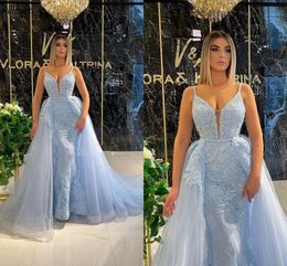 Dubai árabe claro cielo azul vestidos de fiesta con tren desmontable correas espaguetis sexy bordado encaje ocasión formal vestidos de fiesta vestido de noche largo sirena CL3047