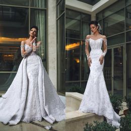 Dubaï arabe luxe hors épaule robes de mariée sirène avec train détachable manches longues dentelle appliques robe de mariée perlée Bri221P