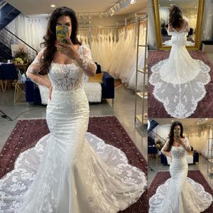 Dubai Arabische Zeemeermin Trouwjurken Plus Size Ronde Hals Lange Mouwen Sweep Trein Bruidsjurken Bling Luxe Kralen Formele Dames Bruidsjurken