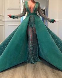 Dubai Arabisch overkassen avondjurken Diepe v-hals Major Kralen Illusie Volledige Mouwen Prom Dress Muslim See Through Robe de Soiree