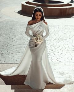 Elegant Plus Size Mermaid Wedding Dresses with One Shoulder, Long Sleeves, Satin Sequined Beaded Sweep Train Sashes Bridal Gowns