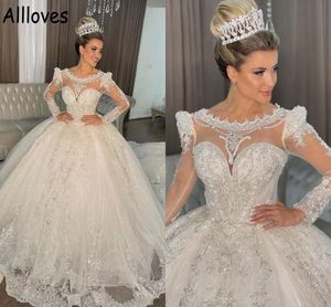 Dubai Arabische prinses baljurk trouwjurken met lange mouwen luxe pailletten kralen kanten appliqued bruidsjurken gezwollen rok lange treinvestidos de novia cl0804