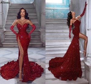 Dubai Arabisch rood lovertjes glitter avondjurken sexy sweetheart dames speciale gelegenheid feestjurken hoge zijde split long trein plus size avond formele slijtage cl1840