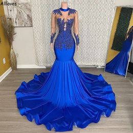 Aso Ebi robe de soirée sirène bleu royal cristaux scintillants illusion de perles manches longues robes de soirée de bal mince et évasée robe de maternité pour occasions spéciales CL2022