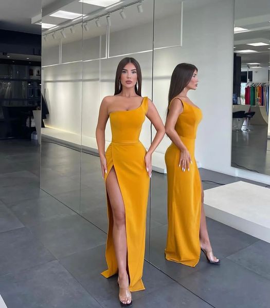 Dubaï arabe simple jaune sirène robes de bal pour femmes filles grande taille une épaule haut côté fendu vêtements de cérémonie anniversaire occasion spéciale robes de soirée