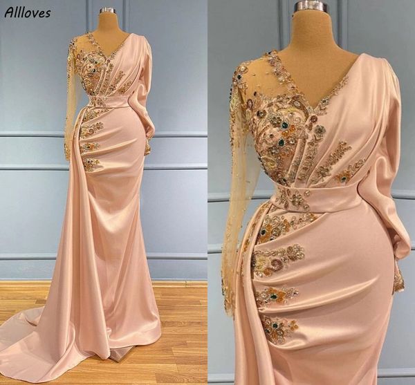 Dubaï arabe turc sirène robes de bal col en V magnifiques cristaux perlés occasion formelle robes de soirée Peplum élégant satin balayage train tenue de soirée robes CL2847