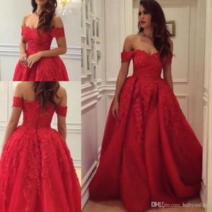 Dubai Arabische vintage rode avondjurken 2019 off-schouders een lijn kralen tule kant geappliceerd formele prom dress rode loper jurk slijtage