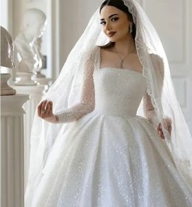 Dubaï robe de bal manches longues robe de mariée 2024 col carré luxe saoudien arabe paillettes robes de mariée balayage train robes de Novias