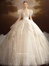 Dubai baljurk trouwjurken met lange mouwen pure kristallen nek kristal kralen toegewezen bruidsjurken kanten lovertjes ontwerper Vestido de novias