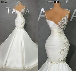 Dubaï perle perle perles arabe sirène robes de mariée spaghetti plis ajusté slim robes de mariée vintage