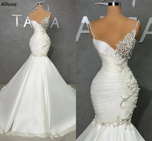 Dubai Perlas impresionantes Pearls Arabian Mermaid Vestidos de novia Spaghetti Correos delgados Plisos ajustados Vintage Desconocidos nupciales Sexy Elegante Vestidos de satén de Novia