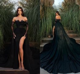 Dubai Black Evening Arabische Split Dreses Sexy off schouders Backless mouw prom -jurken met afneembare lange rok op maat gemaakt BC15243