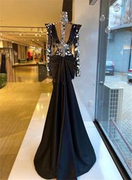 Dubai negro cuello alto vestidos de noche de cristal 2021 manga larga satén africano talla grande sirena formal vestidos de fiesta de graduación Robe De Soi8004343