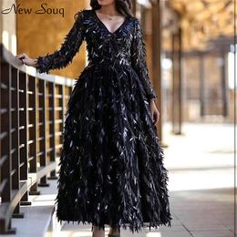 Dubaï noir col en V à manches longues robes de soirée 2020 une ligne scintillante paillettes cheville longueur robes de soirée robe formelle arabie saoudite2989