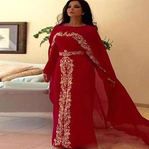 Dubai Kaftan Chiffon Rode Avondjurken schede met Lange Mouwen met Kant Applicaties cape Abendskleid Abaya Moslim Lange Prom Part278q