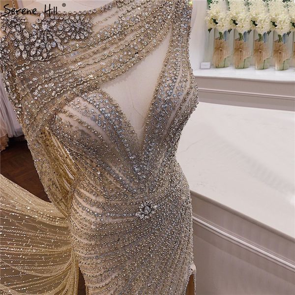 Dubaï Champagne col en v luxe robes de soirée 2020 diamant perles sans manches sexy robe formelle Serene Hill LJ201118