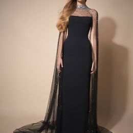 Dubai Design Cape Sheath Black Evening Jurken Sheer Illusion Neck kristal Lange formele jurk sexy zeemeermin feestjurken voor prom