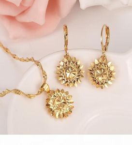 Dubaï Ethiopian Set Jewelry Collier Pendant Pendre Girl REAL 18 K Jaune solide Fine Gf Flower Europe Bridal SetS8895022