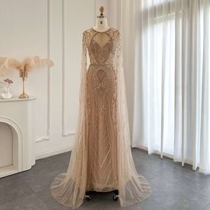 Dubai Avond Zei 2024 Sharon Champagne Jurk Met Cape Mouwen Sier Naakt Moslim Arabische Vrouwen Wedding Party Gown Ss119