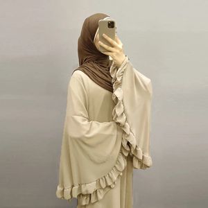 Dubai Flowy Abaya Big Ruffle manga ropa islámica Mujeres musulmanas Zip MAXI Vestido Famlare Modesta de terciopelo suave brillante tela de satén 240506