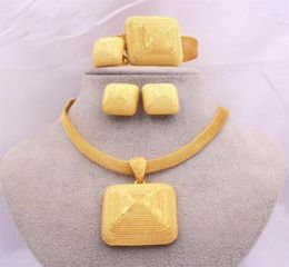 Dubaï or 24K ensembles de bijoux pour femmes cadeaux de mariage de mariée africaine collier de fête boucles d'oreilles carrées bague bracelet ensemble de bijoux 10089972960