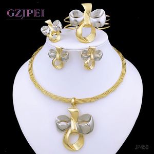 Dubai gouden kleur sieraden sets elegante boogvorm hanger oorbellen kettingen ingesteld voor dames bedel armband bruid bruidspartij cadeau 240410