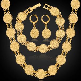 Dubai gouden kleur sieraden sets ketting armband oorbellen voor vrouwen etnische islamitische religie munt moslimset bruiloft sieraden 240511