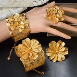 Dubai Gold Color Rings Bangles Set for Women Wedding Turkish Nigerian Bride India Fashion Brazilian Hawaian Jewelry 240510