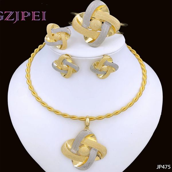 Ensemble de bijoux pour femmes, couleur or de dubaï, plaqué or 18 carats, collier, boucles d'oreilles, Bracelet, bague, deux tons, 240102