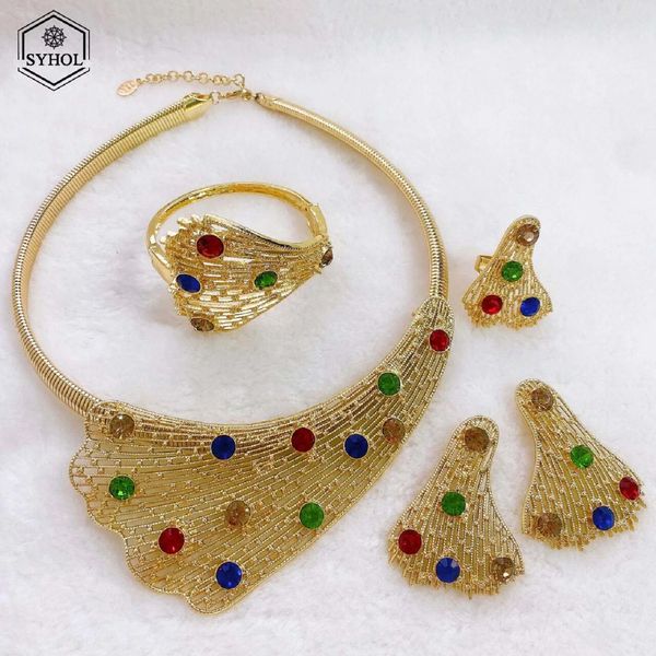 Ensembles de bijoux plaqués or de dubaï, collier de pétoncles en pierre artificielle colorée de luxe, boucles d'oreilles, cadeaux de fête 240112