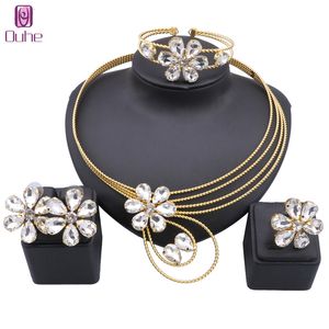 Dubai Gold Ploated Sieraden Sets Bruiloft Bridale Ornament Gifts For Women Saoedi -Arabisch Koper Crystal Necklace Bracelet oorbellen Ring