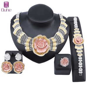 Dubai Gold Rose Flower Crystal Sieraden Sets voor Vrouwen Ketting Bangle Earring Ring Italiaanse Bridal Sets bruiloft Accessoires H1022