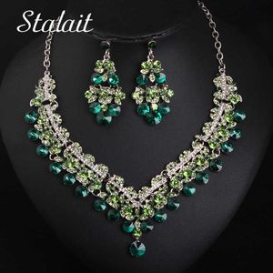 Dubai Green Rhinestone Bruiloft Ketting Oorbellen Romantisch Design Bruids Sieraden Sets Zilveren Kleur Clavicle Chain Accessoires H1022