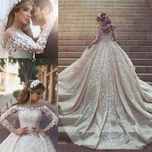 Dubai Illusion Lange Mouwen Trouwjurken Sexy Kant Applicaties Een Lijn Bruidsjurken Saoedi-Arabië Sweep Trein bruiloft vestidos op maat gemaakt