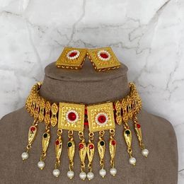 Ensembles de bijoux de Dubaï pour femmes Arabie Saoudite Sautoirs en pierre colorée 24 carats Habesha Collier Boucles d'oreilles Corde Mariage africain Cadeau érythréen 240307