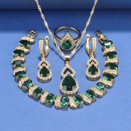 Dubaï luxueux couleur or cubique zircone vert ensembles de bijoux pour femmes Bracelet bague collier et boucles d'oreilles accessoires de mariée 240103