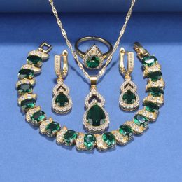 Dubai Luxe GoldColor Zirconia Groene Sieraden Sets Voor Vrouwen Armband Ring Ketting En Oorbellen Bruidsaccessoires 240202