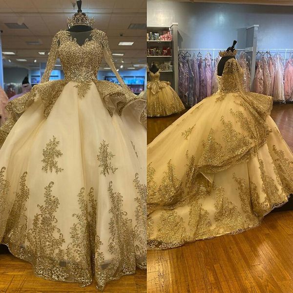 Dubai lujo abalorios vestido de bola vestido de novia 2022 princesa Crystal Perals manga larga 3D flor encaje vestidos de novia cuentas novia batas de mari￩e