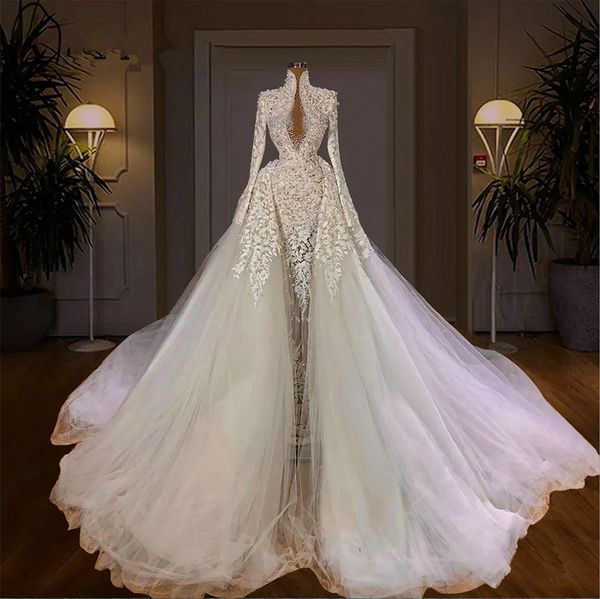 Vestidos de novia de sirena de lujo de Dubái, vestidos de novia de manga larga con cuentas de perlas, vestidos de novia elegantes, vestidos de novia