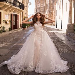 Vestidos de novia de sirena de lujo de Dubái con falda desmontable 2020, vestido de novia de tul con apliques, vestido de novia con botones en la espalda, Maria240n