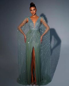 Dubai luxe prom jurk kristal salie groene avondjurken met cape fuchsia gouden elegante vrouwen feestjurken