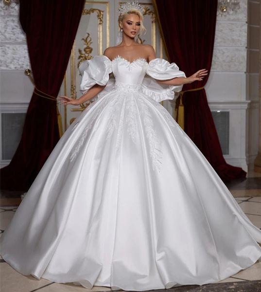 Robe de mariée de luxe en Satin, épaules dénudées, manches bouffantes, avec des Appliques en dentelle et des perles, sur mesure, dubaï