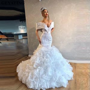 Dubaï sirène épaule dentelle robe de mariée 2020 élégant blanc organza à volants arabe robe de mariée plus la taille africaine robe de novia