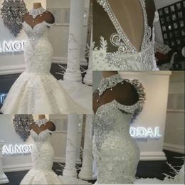 Dubai Mermaid Wedding Jurken Bridal Jurken High Neck Illusion Lace Appliques Crystal Beads Plus Size TuLle Formeel met bloemen Open achterste pet Mouwen
