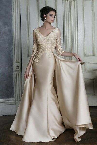 Dubaï mère de la mariée robes champagne col en V dos nu train détachable robes de marié formelles robes de soirée élégantes avec 3 4 Sle198B