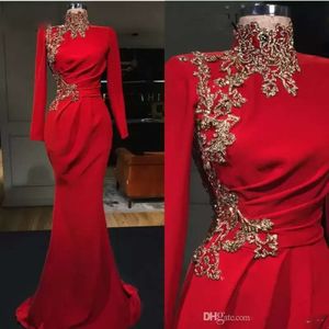 Dubai Moslim Luxe Mermaid Avondjurken Lange kant Appliques Volledige mouwen Volledige mouwen Beading Crystal Floor Lengte formele prom jurk formele feestjurken