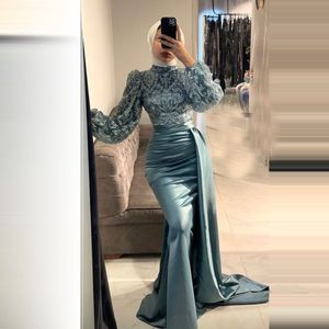Dubai Muslim Mermaid Hijab Evening Dresses Long Sleeve Robes De Soiree High Neck Satin Appliques Lace Formal Dress