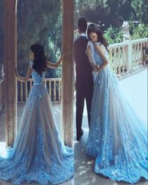 Dubai New Elegant Blue Prom Dresses Vestidos de Fiesta 3d Floral Appliques Aline Prom Evening Vests con cinturón 6537587