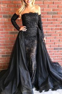 Dubai nieuwste Arabisch zwart lange zeemeermin kant strapless afneembare trein prom jurken formele speciale ocn party jurken